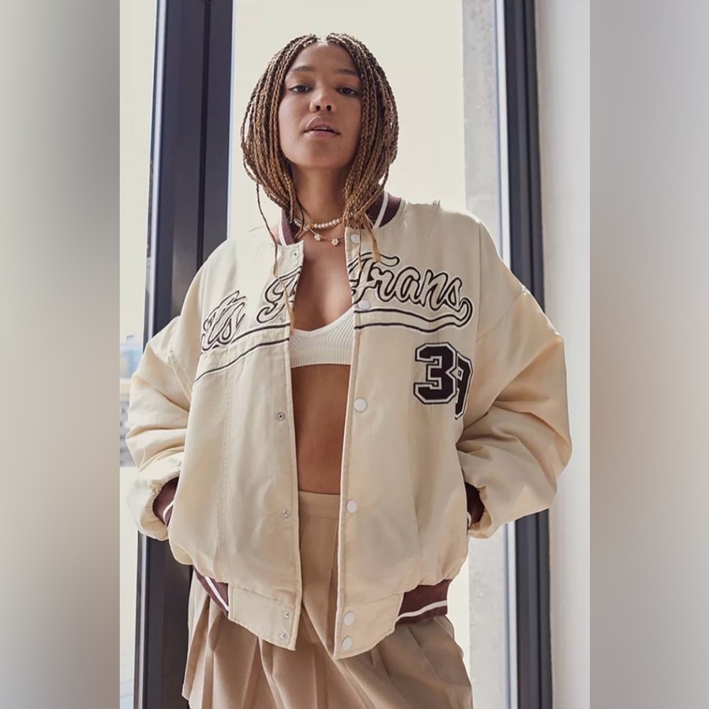 Letsfrans Urban Outfitters Varsity Bomber Jacket Satin “Lets Fran” Cream Brown